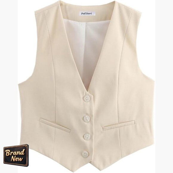 Jackets & Blazers - Cropped Suit Vest V-Neck Button Up Business Casual Waistcoat Blazer Top
